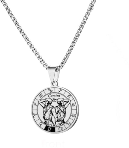 PAURO Herren Damen Edelstahl Kreative Die Zeichen des Tierkreises Anhänger 12 Konstellationen Siegel Sternzeichen Halskette Zwillinge