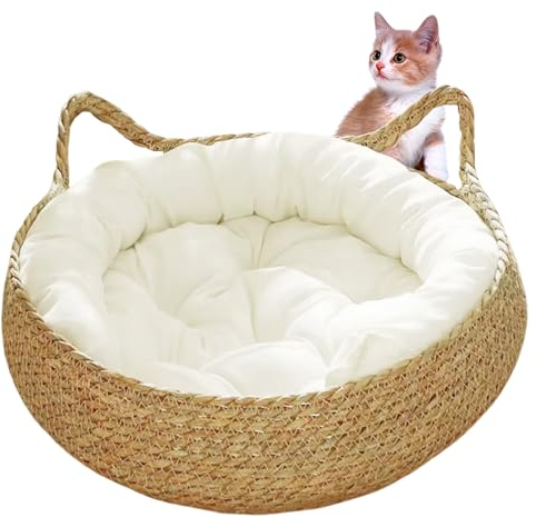 Obelunrp Katzenkorbbett, 17-Zoll-Strohkatzennest mit weichem Kissen, runde Kratzfeste Katzenbetten für Innenkatzen, Kätzchenbetten für Innenkätzchen
