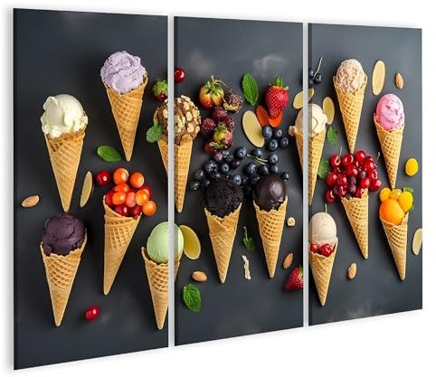 islandburner Bild auf Leinwand Vielfalt an Eiscreme in Waffeln mit verschiedenen Geschmacksrichtungen und Obst schwarz Bilder Wandbilder Poster