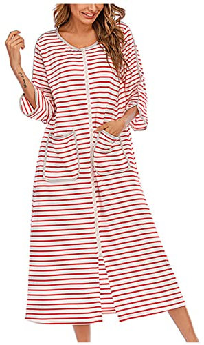 NSICBMNO White Zip Dressing Gowns For Women Uk Striped Pyjamas Lightweight Bath Robes Short Sleeve Nighties Long Nightgowns Soft Dressing Gown Nightwear Ladies Nighties With Pockets Homewear