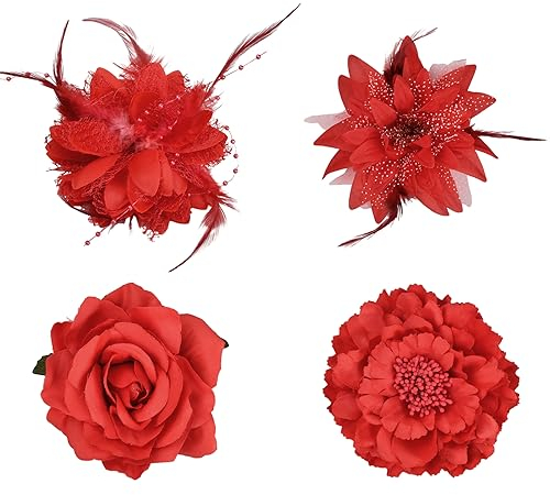 Pince à Cheveux Fleur, 4 Fleurs Cheveux pour Dames et Filles, Boho Rose Broche Flamenco Fleur Accessoires, Corsage Broche Élégant Barrette Cheveux Pince Fleur pour Fêtes, Mariages, Dîners - Rouge