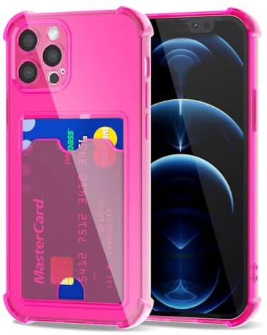 Svanove for iPhone 12 Pro Max Case Wallet Clear, Card Holder Case with Credit Card Slot, Thin Slim Transparent Silicone Grip Soft Rubber Protective Shockproof Airbag Bumper for Women, Hot Pink