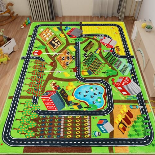 AKUNRUG Kinderteppich,200×150 cm Autoteppich für Spielzeugautos, Bauernhofleben, Straßenverkehr für Spielzimmer, Kinderauto-Straßenteppich, Dorfkarte, Spielmatte Spielteppich für Kleinkinder
