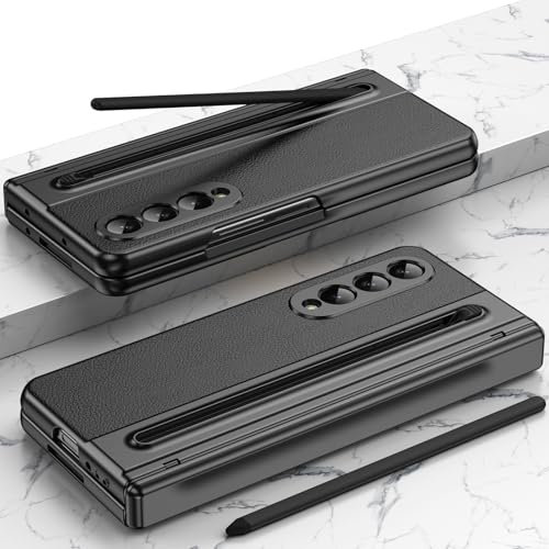 BaiFu Étui en Cuir pour Samsung Galaxy Z Fold4 avec Protection de Charnière + Protecteur d'Écran, Étui de Téléphone avec Support S Pen - Noir