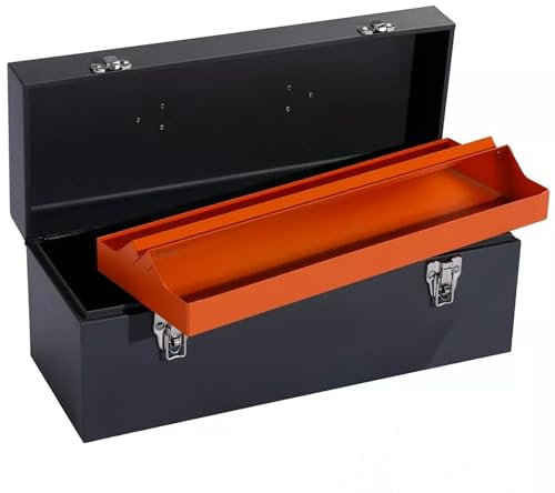 Heavy-Duty Black Metal Tool Box – 48x19x18cm Portable Waterproof Cold-Rolled Steel Toolbox with Reinforced Handle & Secure Metal Latch for Storing DIY Tools