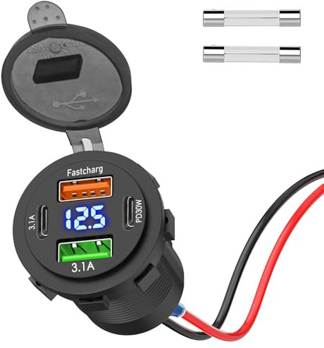66W Prise USB 12 Volts, 4 Ports Prise USB de Chargeur de Voiture Double PD et Double Quick Charge 3.0 avec Voltmètre pour Voiture Chargement Rapide pour Bateau, Camping-Car, Camion,Moto