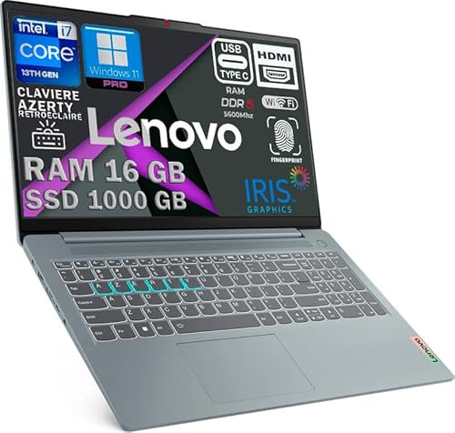 Lenovo IDEAPAD Ordinateur Intel i7-13620H 10 Coeurs 4.9Ghz, Clavier rétroéclairé AZERTY, RAM 24Go DDR5, SSD 1000Go, écran 15,6 FULLHD, WiFi6E Certificat, 1920x1200 300nits, Windows 11 Pro configuré