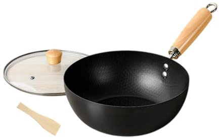 Gralara Eisenwok Chinesischer Wok Wokpfanne mit Deckel, Woks und Pfannen, Manuelles Schmieden Pfanne Flacher Boden, Küche Kochgeschirr Rühren Sie Fry Pan, für Induktions Elektro Gasherde, 24cm