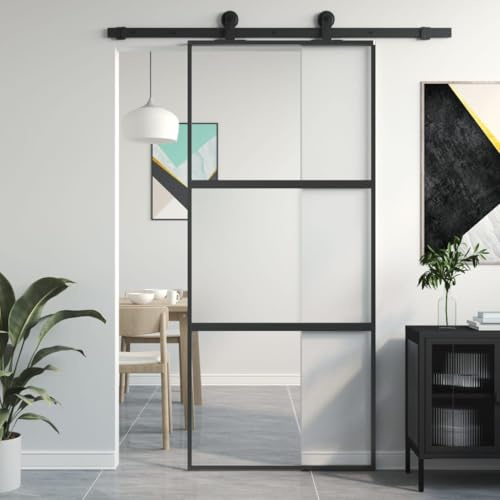 Gecheer Porta Scorrevole Nera 90x205 cm in Vetro Temperato e Alluminio,Porta da Interni,Porte Interne,Porta Interna in Vetro,Porta per Bagno Cucina Studio,P155202