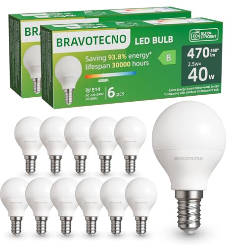 bravotecno E14 LED Glühbirne, Energieklasse B E14 LED Neutralweiss, 4000K 2.5W 470LM G45/P45 Neutralweiß Leuchtmittel Entspricht 40W, 360° Abstrahlwinkel, Nicht Dimmbar, Wärmearm & Langlebig, 12 Stück