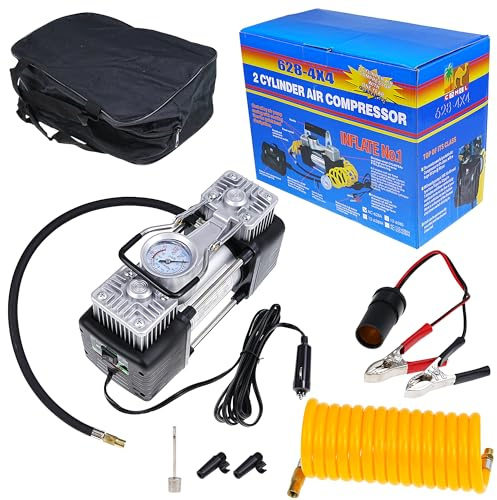 LEVANLIGHT 12V Heavy Duty Silver Air Compressor Pump | 150PSI Metal Tyre Inflator for Car, Truck, SUV Tyres, Dinghy, Air Bed | Portable with Carry Bag & Adapters