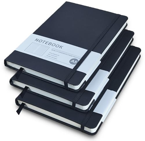 Notizbuch A5, 3 Stück Schwarz Hardcover Journal Notizbücher, Notizbuch Liniert a5 mit 200 Seiten, Kunstlederbezug Notizbuchs mit Elastischem Verschlussband für Schule, Büro, Schreiben