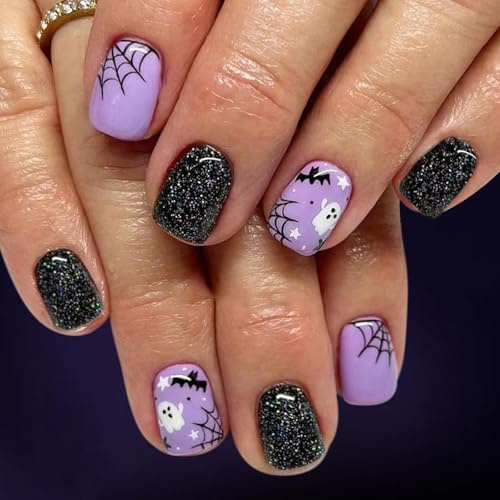 Ceboic 24Pcs Halloween French Press on Nails, Short Square Purple Black Artificial Glue on Nails, Glitter Acrylic Full Cover False Nail with Bat Ghost Spider Web, Reusable Stick on Nails for Women