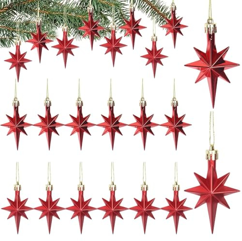 Weihnachtsdeko Rot, 12 Stück Weihnachtsbaum Deko, Christbaumschmuck Rot, Weihnachtsbaum Stern, Weihnachtsdeko Stern, Glitzer Deko Weihnachtsbaumschmuck Anhänger für Kamin, Fenster, Tischdeko, Hochzeit