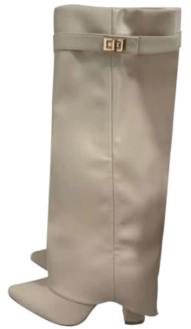 ticticlily Stivali Donna Invernali Cowboy Stivaletti Alti Tacchi Biker Fold Over Boots con Tacco B Beige 39 EU