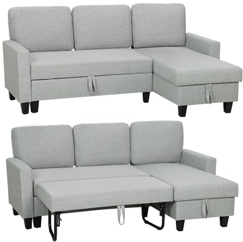 HOMCOM Umkehrbares Ecksofa, 3-Sitzer-Schlafsofa 197 cm, Meridian, Aufbewahrungskasten, waschbare Kissen, Stoff in Leinenoptik, modernes Sofa für Wohnzimmer, Büro, Wohnung, hellgrau