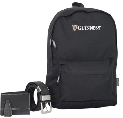 Guinness Backpack, Wallet & Belt Set – Official 3 Piece Gift Bundle for Men | Genuine Leather Belt & RFID Wallet + 15” Laptop Backpack | Premium Guinness Merchandise for Work, Travel & Everyday Use