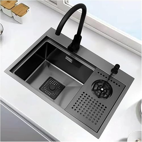 Stainless Steel Black Kitchen Bar Sink with Cup Washer & Drain Controller Undermount/Drop-In Single Bowl Sink with Hidden Drainboard for Modern Home