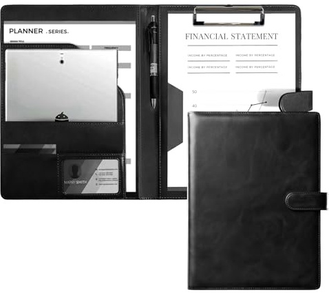 FeinKulturia Klemmbrettmappe A4 aus PU-Leder, Magnetische & Faltbare Clipboard Schreibmappe mit Deckel, Stiftehalter & Dokumentenfächern, Portfolio für Büro, Schule, Home, Pflege & Konferenzen Schwarz