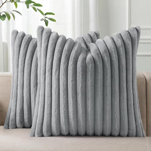 Homaxy Kunstfell Kissenbezug 50x50 2er Set, Grau | Deko Weich Flauschige Gestreift Kissenhülle, Plüsch Sofakissen Dekokissen Couchkissen für Wohnzimmer Schlafzimmer Sofa