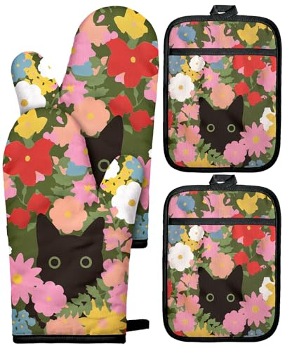 Ruispeed Cotton Oven Mitts and Pot Holders Sets - Quilted Lining Heat Resistant 4 Pieces Set with Hanging Loop Cute Farmhouse Boho Spring Kitchen Decor and Accessories, Cat Flower