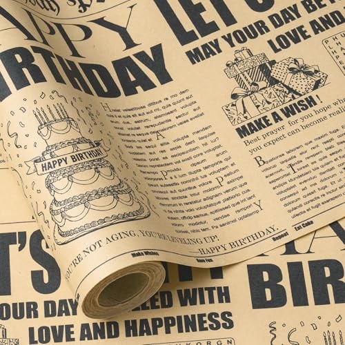 RUSPEPA Mini Vintage Birthday Newspaper Wrapping Paper 43.2cm x 5m Kraft Wrap with Cake & Gift Elements For Adult Milestone Birthdays and Celebrations