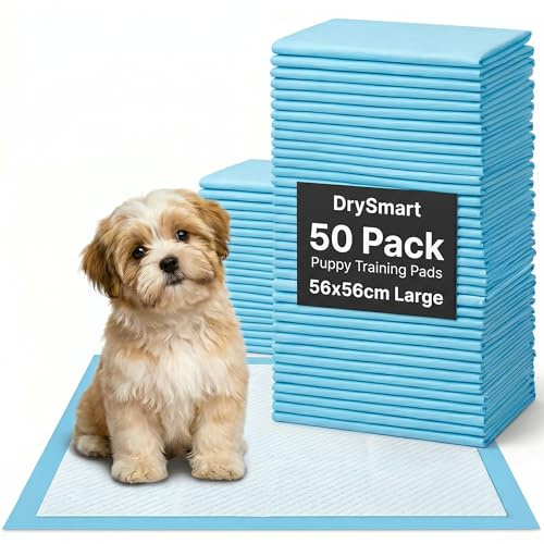 DrySmart 50 Pack Puppy Training Pads – 56x56cm Large Puppy Pads, Ultra-Absorbent & Leak-Proof 5-Layer Design Dog Mats for House Training, Incontinence & Pee Protection