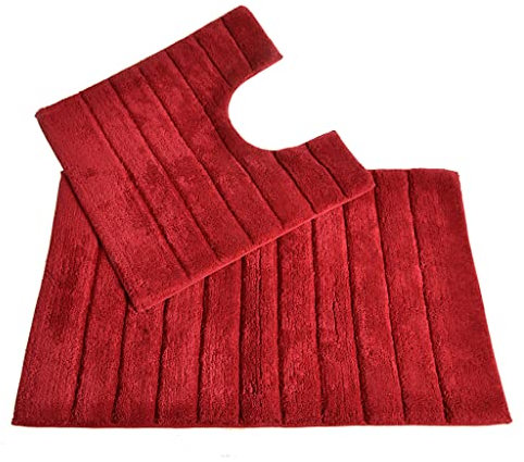Allure Ribbed Design 2 Piece Bath and Pedestal Toilet Mat Set, 100% Cotton (Cranberry)