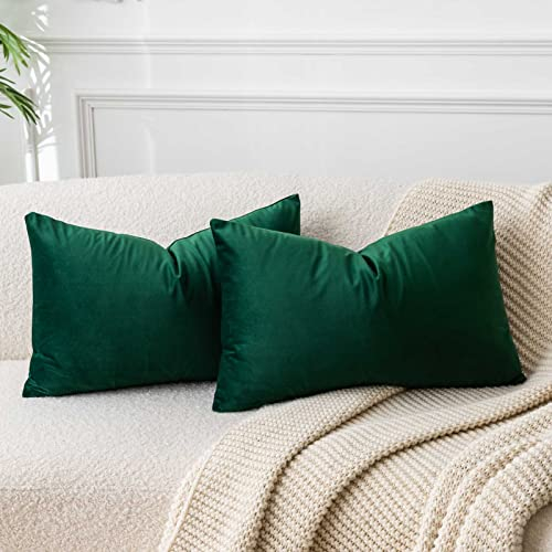 JUSPURBET Dunkelgrün Lendenkissen Samt-Kissenbezüge 40cmx60cm 2er-Set für Wohnzimmer Couch Sofa Schlafzimmer Dekorative Rechteckig Feste Weiche Kissenhüllen mit unsichtbarem Reißverschluss