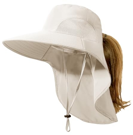 Camptrace Sonnenhut für Damen und Herren, UV-Schutz, breite Krempe, mit Nackenklappe, Farbe: Beige, Einheitsgröße