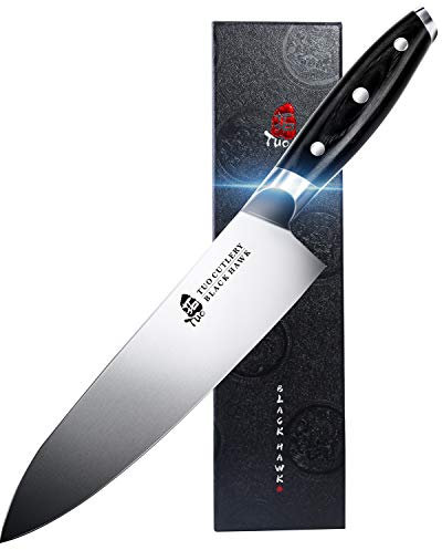 TUO Chef Knife, Ultra Sharp Forged Kitchen Knife 8 Inch, German High Carbon Stainless Steel Chefs Knife with Full Tang Pakkawood Handle, Gift Box-Black Hawk Series