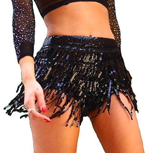 Damen Pailletten Quaste Röcke Shorts Rave Festival Hose, Schwarz, Groß