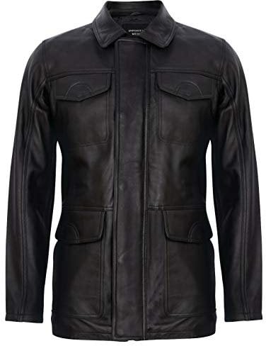 Men's Classic Black Genuine Real Leather Safari Parker Trench Jacket 5XL
