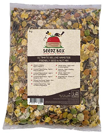 Hamster Food Seed Nut Feed Mix 1kg - SeedzBox Deluxe Hamster Forage Food - Natural Healthy Food For Pet Hamsters Gerbils and Mice - Sunflower Seeds Peanuts Maize Barley and Vitamin C