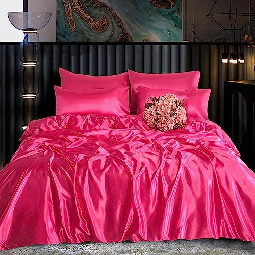 ROOEE Parure de lit 6 pièces en satin de soie avec drap-housse, housse de couette et 4 taies d'oreiller Rose fuchsia Taille double