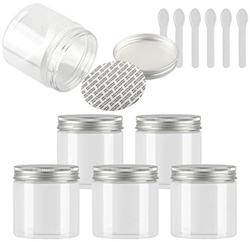 TIANZD 6 Pièces Vides Petit 200 ml Transparent Cosmétique Pot en Plastique avec Couvercle Argent 200 g Pots de Cosmétique Crème de Bouteille Contenant avec 6x Spatules