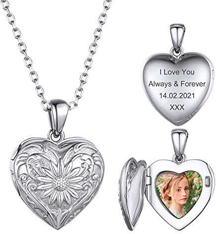 GoldChic Cadeau Fête des Mères Collier Photo Gravé Pendentif Femme Argent 925 Porte Coeur Chaine Personnalisé Prénom Fille Medaillon Anges Argenté Bijoux Cadeau Noël Valentin Anniversaire