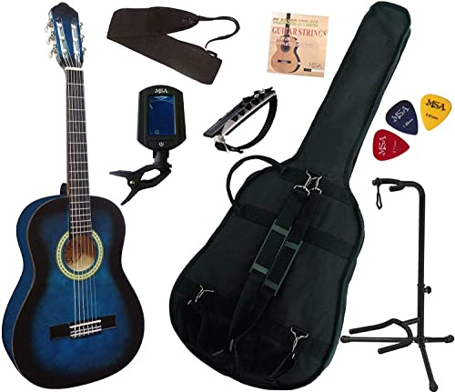 Pack Guitare Classique 3/4 (8-13ans) Pour Enfant Avec 7 Accessoires (Bleu)