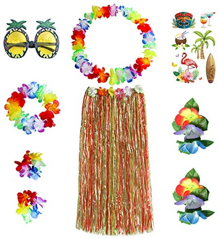 VIKSAUN 9 Stück Hawaii Party Kostüm Set, Gras Röcke Hawaiian Hula Tropical Dance Rock, Blume Armbänder Stirnband Halskette, Ananas Sonnenbrille,Beachparty Deko, Tropische Kostümparty Kostüm