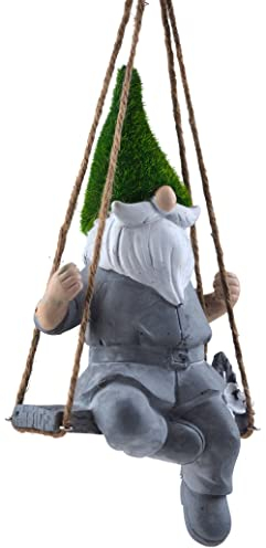 Zwerg auf Schaukel, zum Aufhängen, Gartendekoration, mit Kunstrasen-Hut