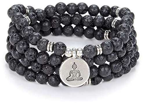 oasymala Zen Buddha Halskette Mala Prayer Stone Beads 108 Armband mit Yoga Glücksbringer für Meditation (Schwarzer Lavastein (Black Lava Stone))