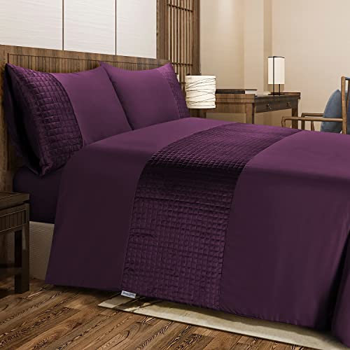 Bronwen Mathews Double Duvet Set Soft Microfibre with Quilted Square Velvet Band Quilt Cover and 2 Pillowcases, Easy Care Wrinkle Free Double Bedding Set of 3 Pcs (Damson, Double)