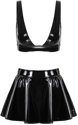 Agoky Damen Sexy Lack Leder BH und Minirock High Waist A-Linie Faltenrock Reizwäsche Disco Raver Tanz Kostüm Clubwear S-4XL Schwarz S