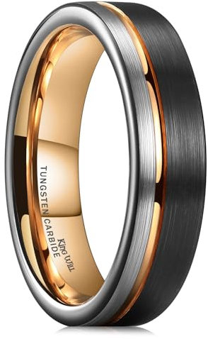 King Will LOOP Tungsten Carbide Wedding Band 6mm Rose Gold Line Ring Black and Silver Brushed Comfort Fit 9