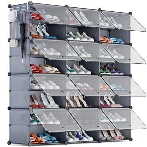YIHATA Schuhregal für 48 Paar Schuhe Schuhschrank mit 3 x 8 Stufiger, Schmal, Staubdichter Kunststoff Schuhregale für Flur Schlafzimmer Eingang, mit Türen 30 x 40 x 30 cm pro Fach, Grau