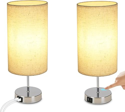 Glitzerlife Nachttischlampe Touch Dimmbar 2er - Tischlampe E27 USB Ladefunktion Wohnzimmer Chrom mit Stoff Lampenschirm für Schlafzimmer Wohnzimmer Nachttisch Schreibtisch Leuchtmittel nicht enthalten