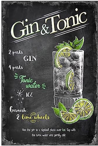 BA Market Vintage Blechschild Gin Tonic 20 x 30 cm Wandschild für Café Bar Home Retro Nostalgie Premium Metallschild Cocktail Löcher für Wandbefestigung (Gin Tonic)