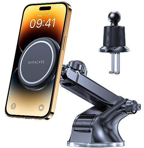 Miracase MagSafe Car Mount, [Upgraded Suction Cup] Magnetic Phone Holder for Dashboard/Windshield/Air Vent Mount Fits iPhone 15/14/13/12, Samsung and All Phones.