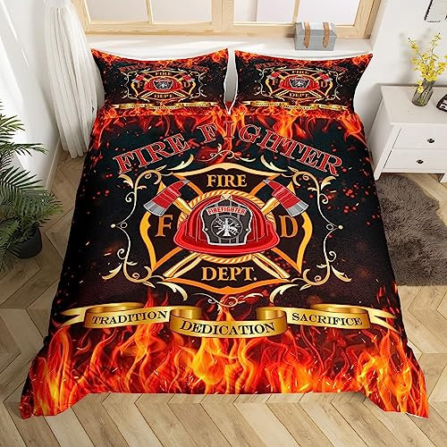 Castle Fairy Kinder-Bettwäsche-Set mit Feuerwehrmann-Motiv, 2-teilig, atmungsaktiv, rote Flamme, 1 Bettbezug + 1 Kissenbezug), bedrucktes Bettwäsche-Set für Kinder, Feuerwehrmann-Schild, für Teenager