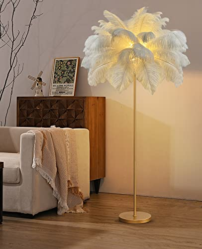 MADHEHAO Upgrade Straußenfeder-Stehlampe, Moderne Stehlampe in 3 Farben dimmbar mit Fußschalter, Fransenlampe, goldene Feder-Stehlampe, Lampenkörper aus 100% Kupfer, Stehlampe für Esszimmer (White)